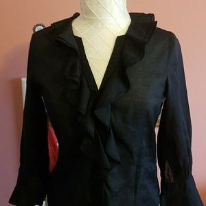 Oscar De La Renta Black Sheer Ruffle Blouse